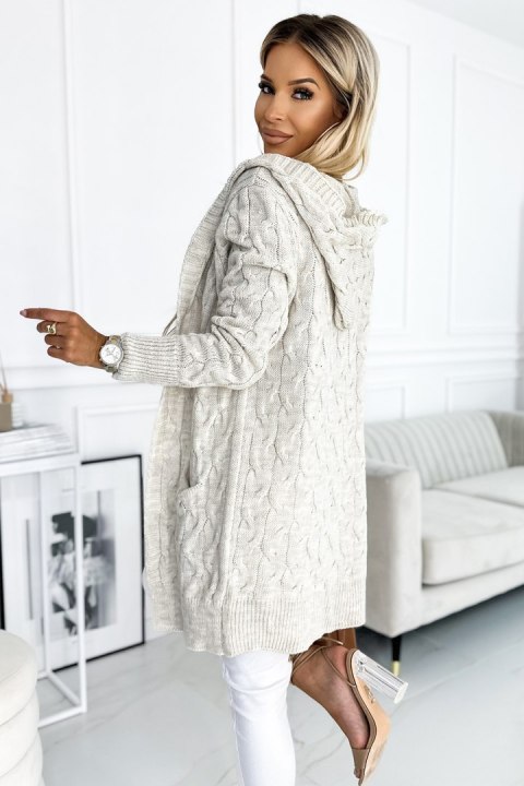 Sweter Kardigan Model 491-1 Beige Warkocz - Numoco Sweter Kardigan Model 491-1 Beige Warkocz - Numoco