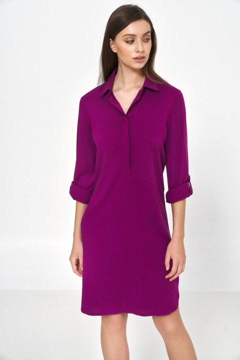 Sukienka Purpurowa sukienka oversize z podwijanym rękawem S226 Purpura - Nife Sukienka Purpurowa sukienka oversize z podwijanym rękawem S226 Purpura - Nife