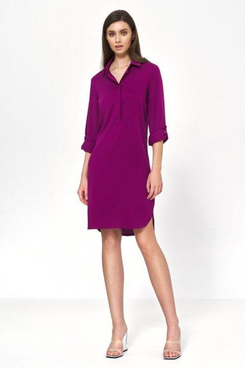 Sukienka Purpurowa sukienka oversize z podwijanym rękawem S226 Purpura - Nife Sukienka Purpurowa sukienka oversize z podwijanym rękawem S226 Purpura - Nife