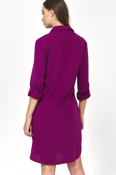 Sukienka Purpurowa sukienka oversize z podwijanym rękawem S226 Purpura - Nife Sukienka Purpurowa sukienka oversize z podwijanym rękawem S226 Purpura - Nife