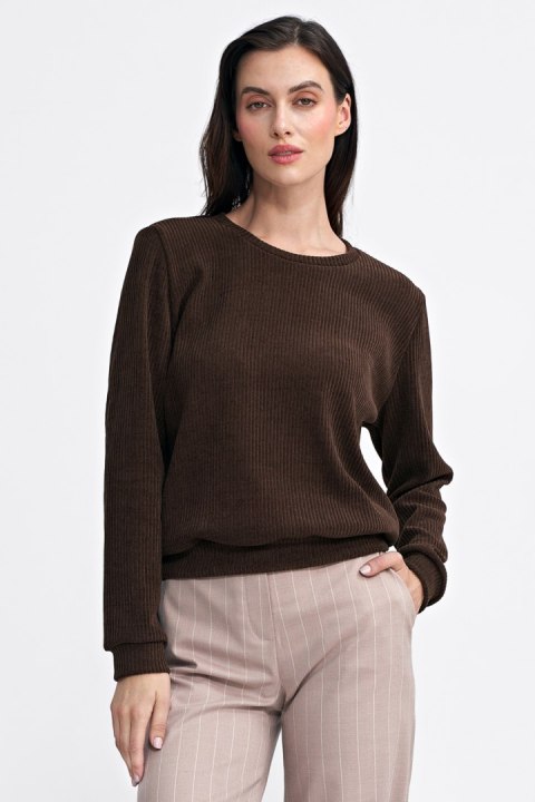Bluza z dzianiny prążkowanej z długim rękawem BL08 Brown - Nife Bluza z dzianiny prążkowanej z długim rękawem BL08 Brown - Nife