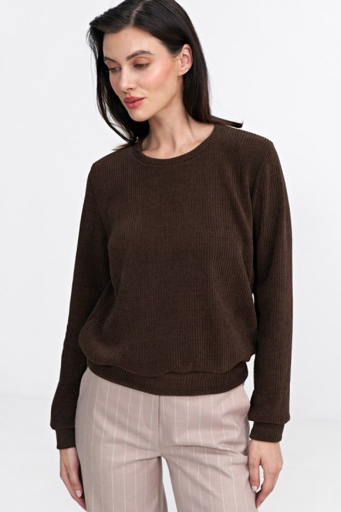 Bluza z dzianiny prążkowanej z długim rękawem BL08 Brown - Nife Bluza z dzianiny prążkowanej z długim rękawem BL08 Brown - Nife