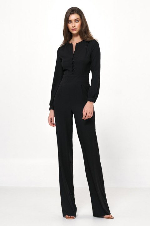 Czarny elegancki kombinezon z długim rękawem KM29 Black - Nife Czarny elegancki kombinezon z długim rękawem KM29 Black - Nife