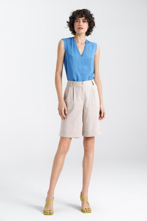 Krótkie lniane spodnie typu szorty SD86 Beige - Nife Krótkie lniane spodnie typu szorty SD86 Beige - Nife