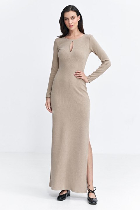 Sukienka maxi z łezką na dekolcie S261 Beige - Nife Sukienka maxi z łezką na dekolcie S261 Beige - Nife